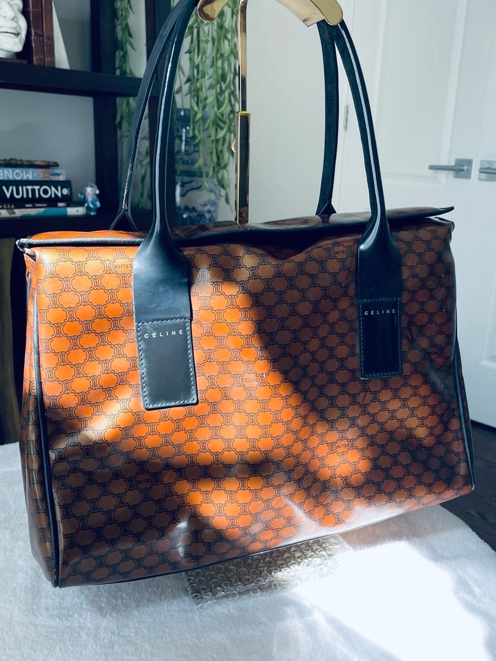 Vintage Celine Macadam Vinyl Tote Bag Brown/Black Glossy Y2K MC99/2